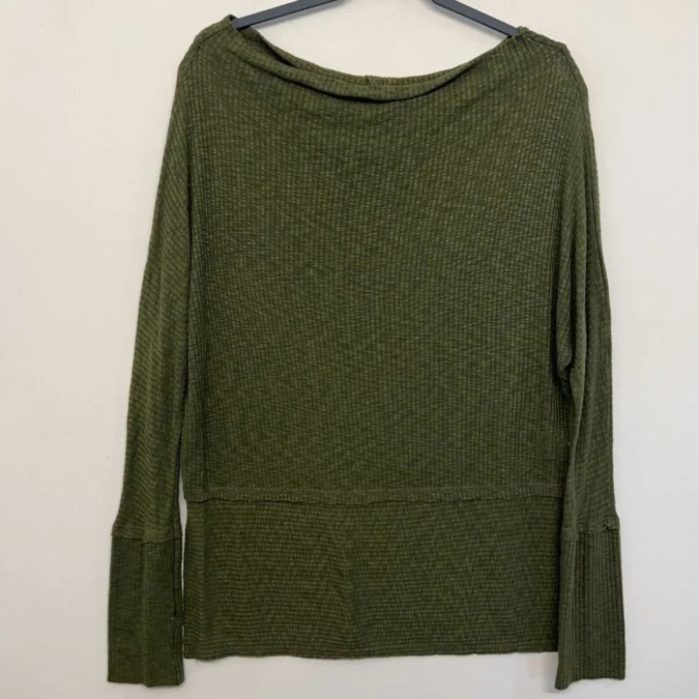 Bobeau Boat Neck‎ Ribbed Long Sleeve Shirt Blouse Tunic S Green
